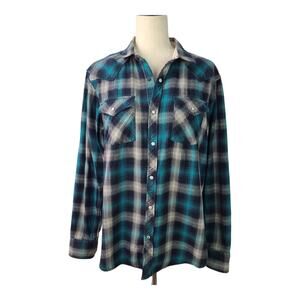 Roebuck & Company Blue Gray Plaid Pearlized Snap Button Flannel Vintage Shirt
